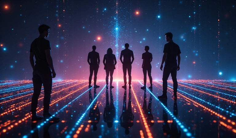 Abstract team collaboration graphic with glowing lines