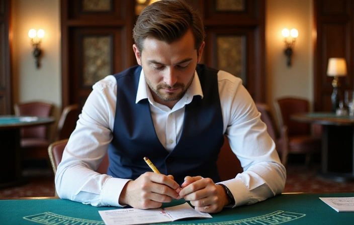 Person analyzing Baccarat game strategy, with notes and charts