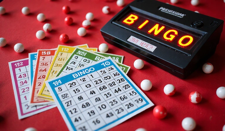 Bingo cards, bingo balls, and a caller's machine