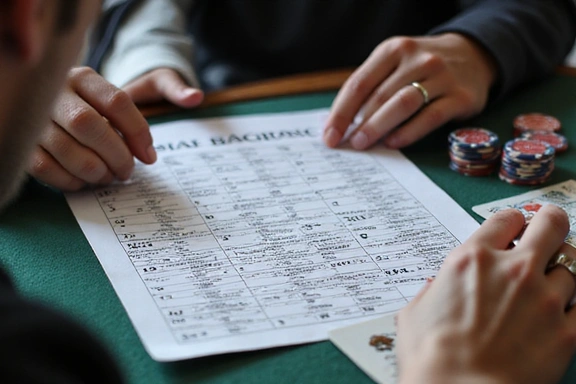 A person studying a blackjack strategy chart, with cards and chips nearby.