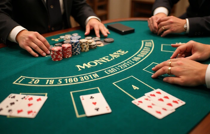 Blackjack table with cards, chips, and a dealer's hands, ready for a game.