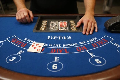 European blackjack table with a single dealt card for the dealer, indicating no hole card.
