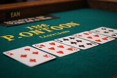 Pontoon game setup with cards face down and unique terminology visible on the table.
