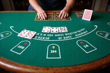Standard blackjack table setup with a single deck and clear betting areas.