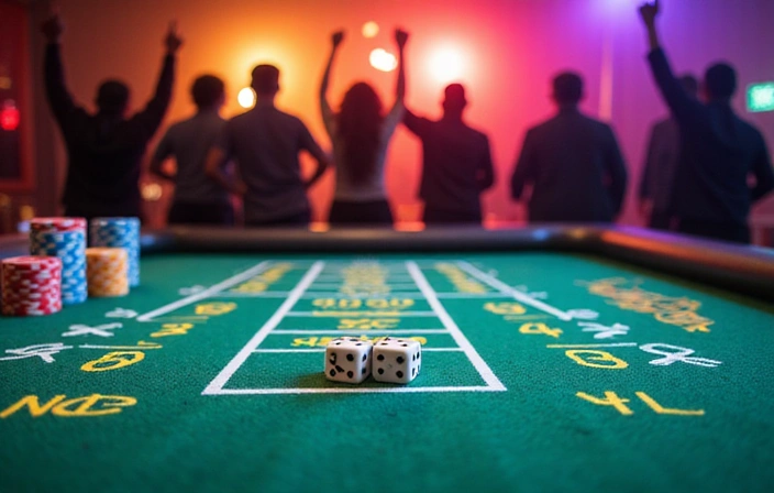 Craps table with dice, chips, and players cheering in the background, no text