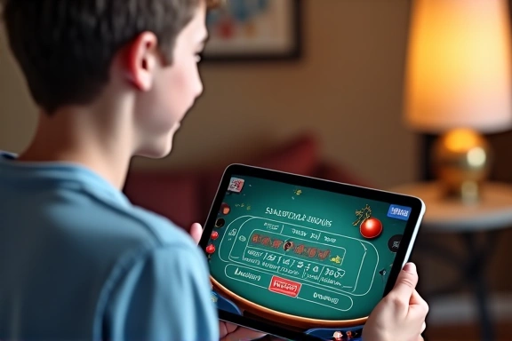 Smiling person playing craps on a tablet