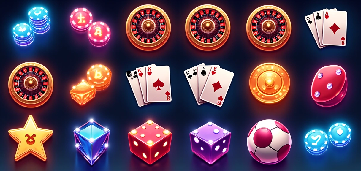 Grid of various casino game icons, vibrant colors, no text