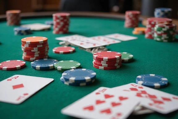 A poker table with various poker chips and playing cards, symbolizing betting and raising