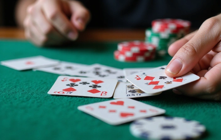 Close-up of a poker hand with two hole cards and three community cards on a green felt table