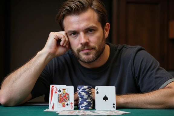 Person thinking deeply while playing poker, with cards and chips in front of them