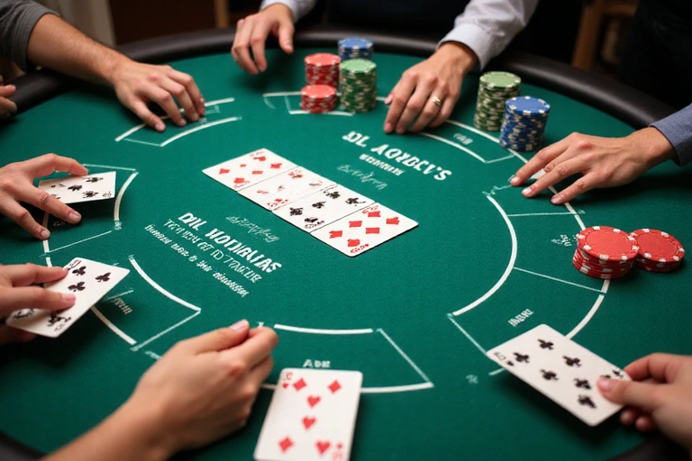 Texas Hold'em poker table with cards, chips, and players' hands