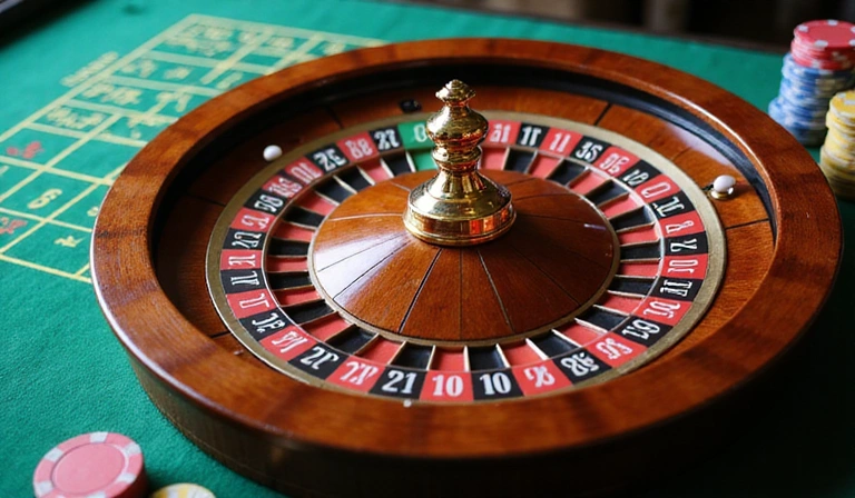European roulette wheel, green felt, chips