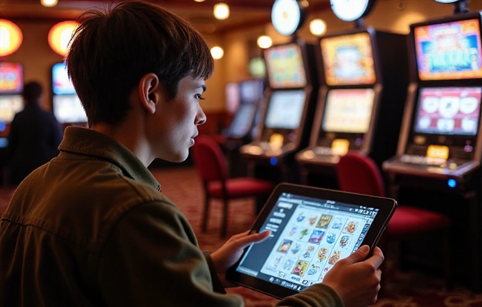 Person studying slot machine game strategy on a tablet.