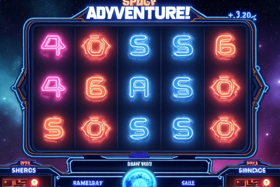 Screenshot of Cosmic Adventures Slot machine game with futuristic space symbols.