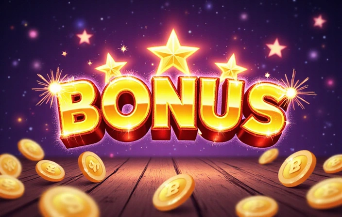 Sparkling bonus icon with coins and stars.