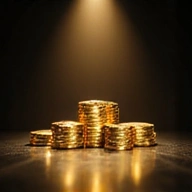 A small stack of golden casino chips, sparkling under a spotlight.