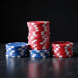 A medium-sized stack of red and blue casino chips, perfectly aligned and gleaming.