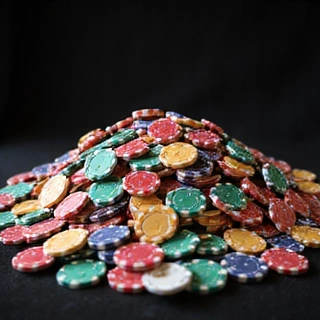 A large, overflowing pile of various colored casino chips, with some spilling out, creating a sense of abundance.