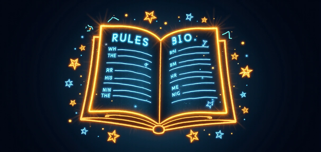 A stylized image of a rulebook or a set of guidelines, with glowing lines and abstract symbols representing fair play and structured competition. Dark background with gold and blue accents. No text in the image.