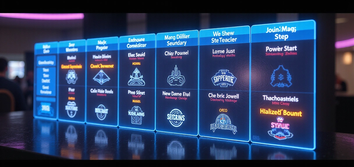 A futuristic calendar or schedule display with holographic elements, highlighting dates for upcoming gaming tournaments. Neon colors and digital effects. No text in the image.